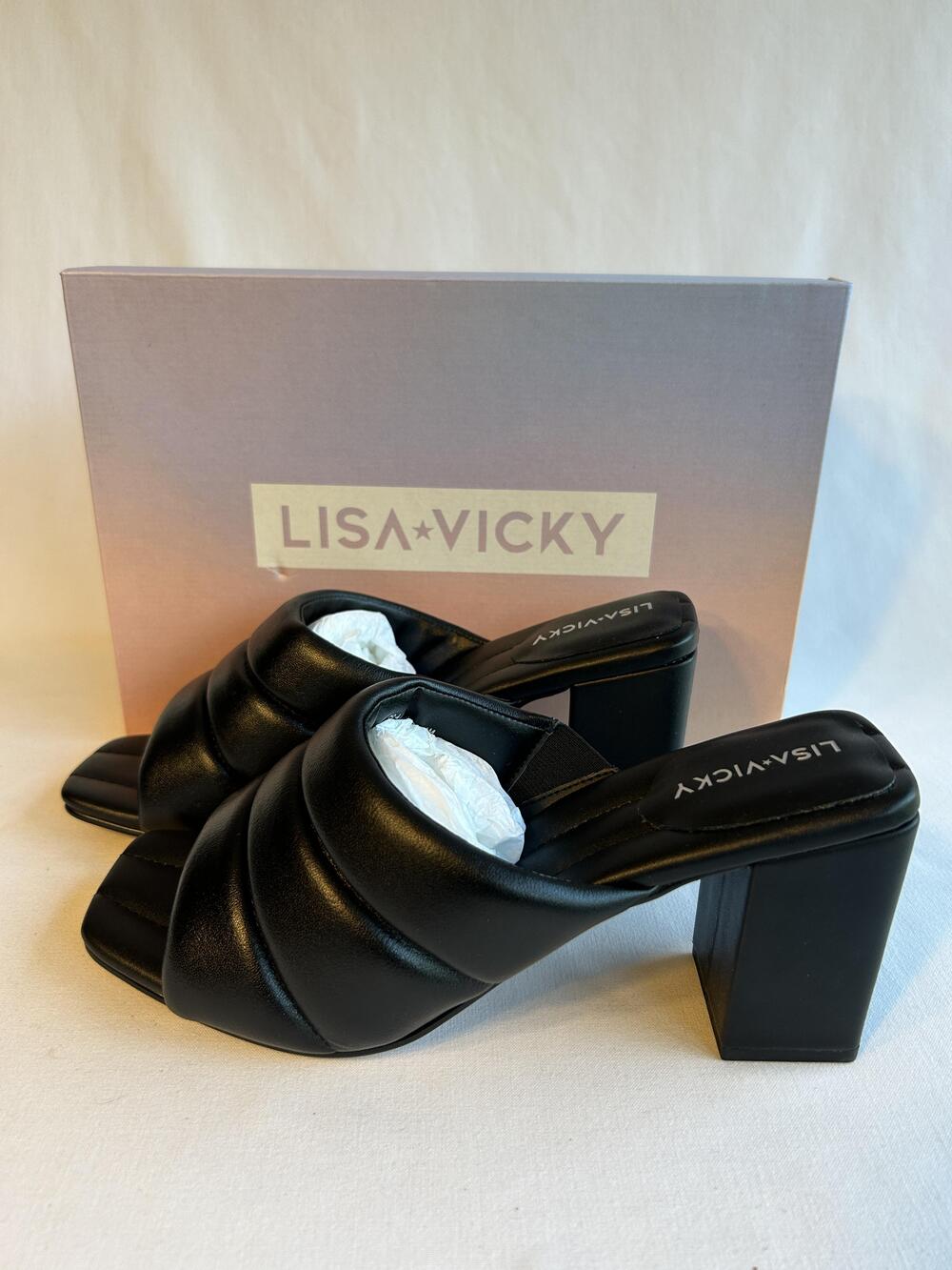 Lisa Vicky Shoes Womens Size 8.5 Black Sheep Nappa Very-V Block Heel Slide Mules